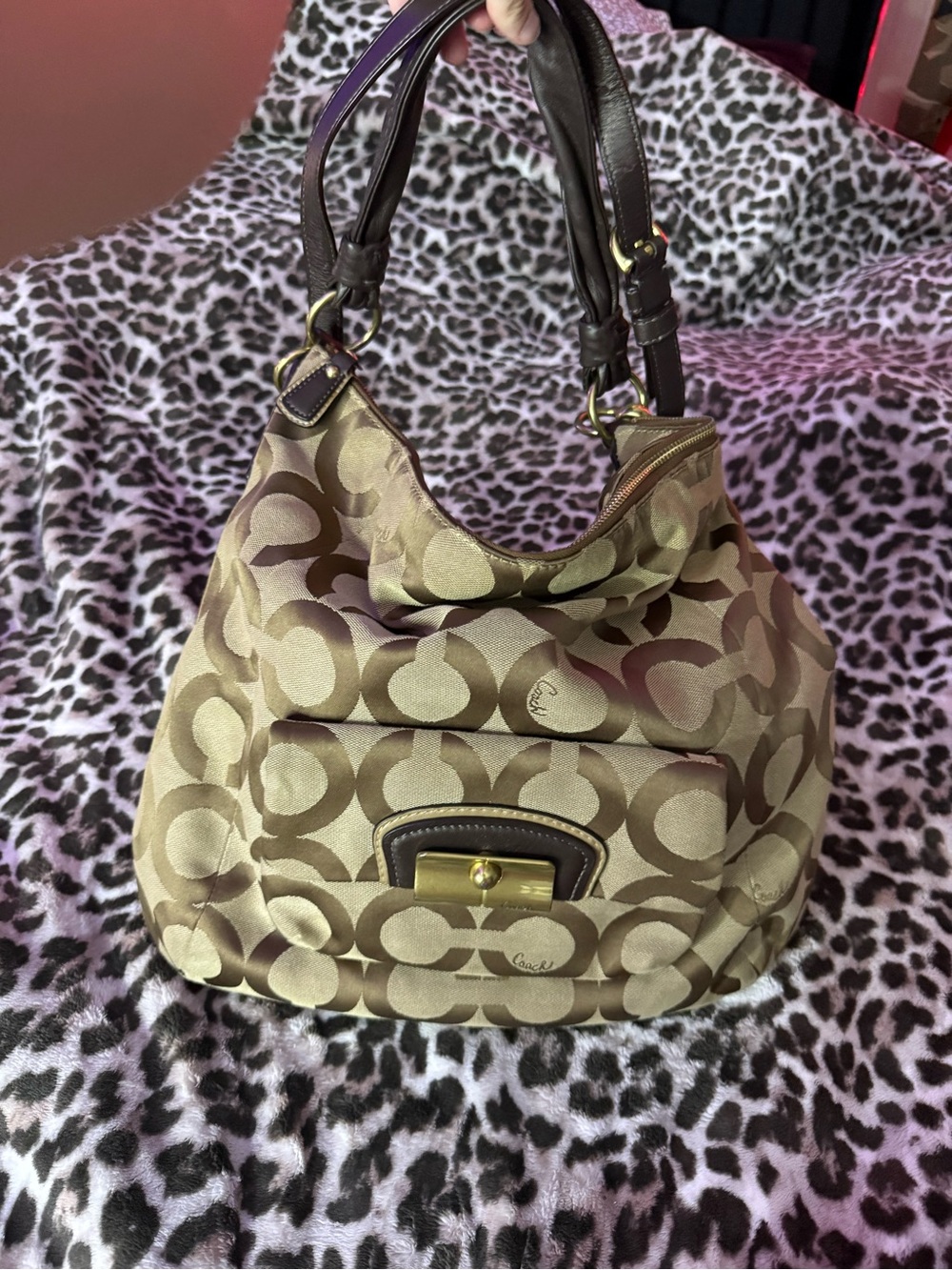 Coach Brown Signature Canvas Shoulder Bag with Dark Brown Leather Trim